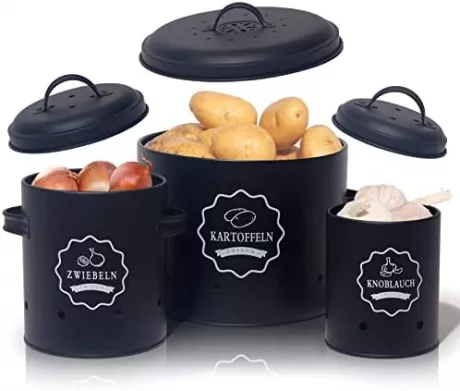 SYLANDO Aufbewahrung Kartoffeln Set,Vorratsdose Kartoffeln, Zwiebeltopf Kartoffeltopf Knoblauchtopf, Großer Vorratsbehälter aus Metall (Schwarz-Set) : Amazon.de: Küche, Haushalt & Wohnen