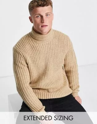 ASOS DESIGN – Schwerer Rippstrick-Fischerpullover in Hellbraun mit Rollkragen | ASOS