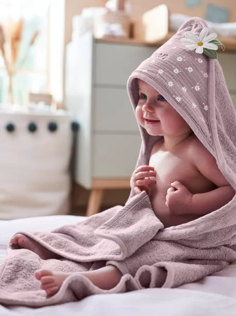 Vertbaudet Baby Kapuzenbadetuch „Provence“ Oeko-Tex, personalisierbar in violett/wollweiß