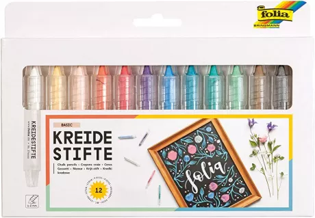 folia 371209 - Kreidestifte Set Basic, 12 Kreidemarker sortiert in 12 verschiedenen Farben, zum Malen auf Tafel, Glas, Papier und anderen glatten Oberflächen : Amazon.de: Spielzeug