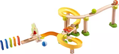 HABA 302056 - Kullerbü - Kugelbahn Sim-Sala-Kling, Holzkugelbahn mit vielen spannenden Bauelementen, Glöckchen-Tor und Klangtreppe, 38 Bauteile, Spielzeug ab 2 Jahren: Amazon.de: Spielzeug