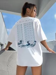 camiseta ombro caído Aceno & Gráfico de slogan | SHEIN Brasil