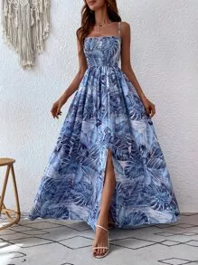 SHEIN VCAY Vestido Cami Estampa Tropical Malhado Coxa dividida | SHEIN Brasil
