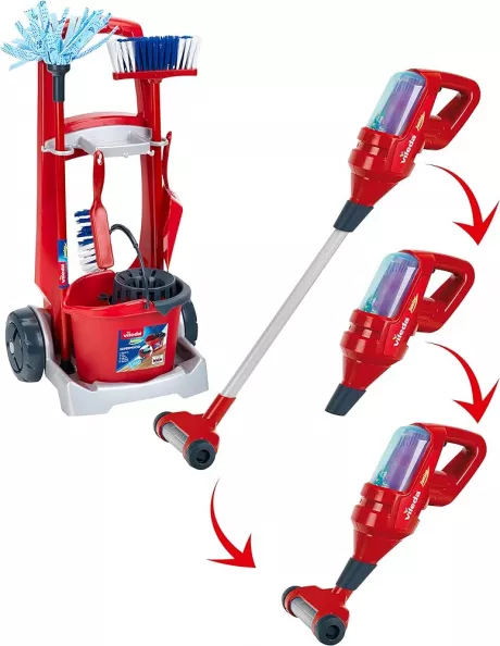 Klein Theo 6720 Vileda Besenwagen mit Upright Staubsauger I Inkl. Zubehör wie Wischmop, Eimer, Besen und Handschaufel I Maße: 29 cm x 24 cm x 60 cm I Spielzeug für Kinder ab DREI Jahren: Amazon.de: Spielzeug