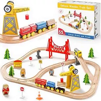 Tiny Land 55Pcs Holzeisenbahn Set, Eisenbahn Holz für Kinder mit Kran, Kombinierbar Zug Spielzeug, Holzeisenbahn Zubehör Passend für Alle Großen Marken, Holzzug Spielzeug für Kinder ab 2~5: Amazon.de: Spielzeug