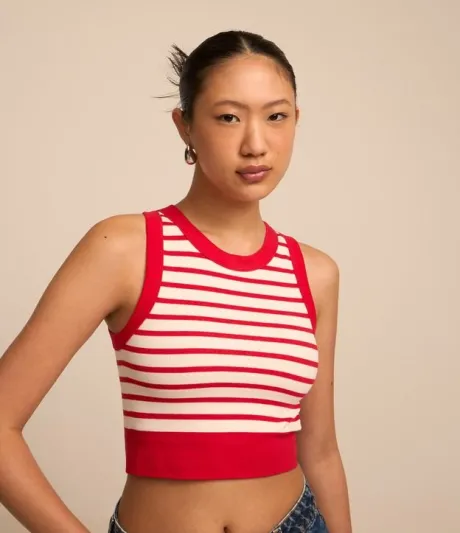 Blusa Sem Manga em Poliamida Canelada com Listras Vermelho/Branco