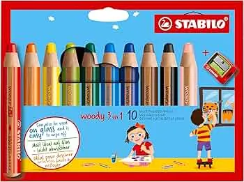 STABILO - Buntstift, Wasserfarbe & Wachsmalkreide - woody 3 in 1-10er Pack mit Spitzer
