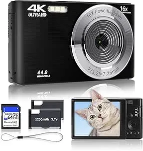Câmera digital preta 2025 atualização 4K 44MP câmeras digitais para adolescentes, câmera digital apontar e fotografar para crianças com zoom 16X, cartão SD de 64 GB, câmera pequena compacta para | Amazon.com.br