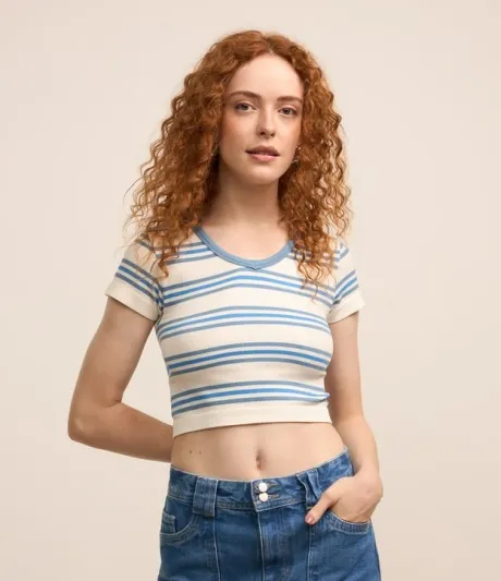 Blusa Cropped em Poliamida Seamless com Listras Azul