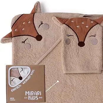 MIRARI Kids Baby Towel with Hood and Washcloth 100 x 100 cm - Deer Baby Towel Made of 100% Cotton - Bath Towel Baby with Hood - Gift Baby - Baby First Equipment Newborn Set : Amazon.de: Baby Products