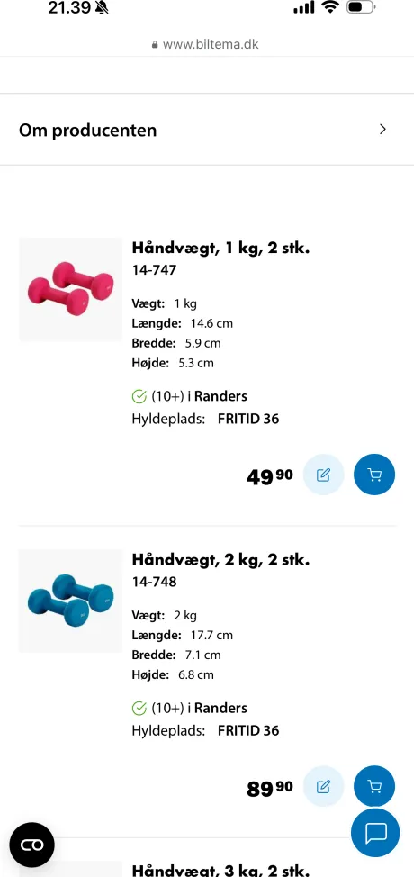 Håndvægte 1 og 2 kilo 2 stk af hver. Biltema