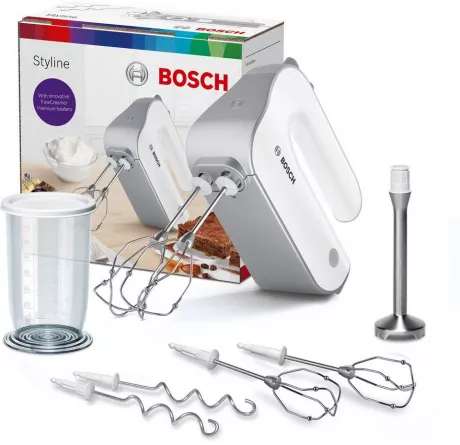 BOSCH Handmixer Styline MFQ4075DE, 550 W, leicht & leise, 2 FineCreamer Rührbesen, 2 Knethaken aus Edelstahl, 2 Turbobesen, 5 Geschwindigkeitsstufen, Turbostufe, Pürierstab, silber / weiß online kaufen | OTTO